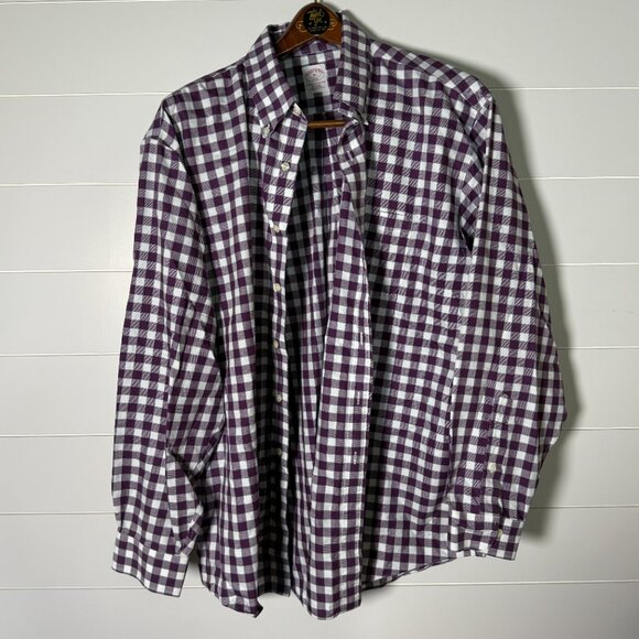 Brooks Brothers 346 Non Iron Long Sleeve Button Down Purple Blue White Check XL - Picture 1 of 7